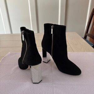 Michael Kors Black Suede Rhinestone Block Heel Ankle Boots